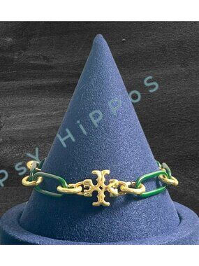 Tory Burch Women's Gold & Green Link Roxanne Bracelet With Logo